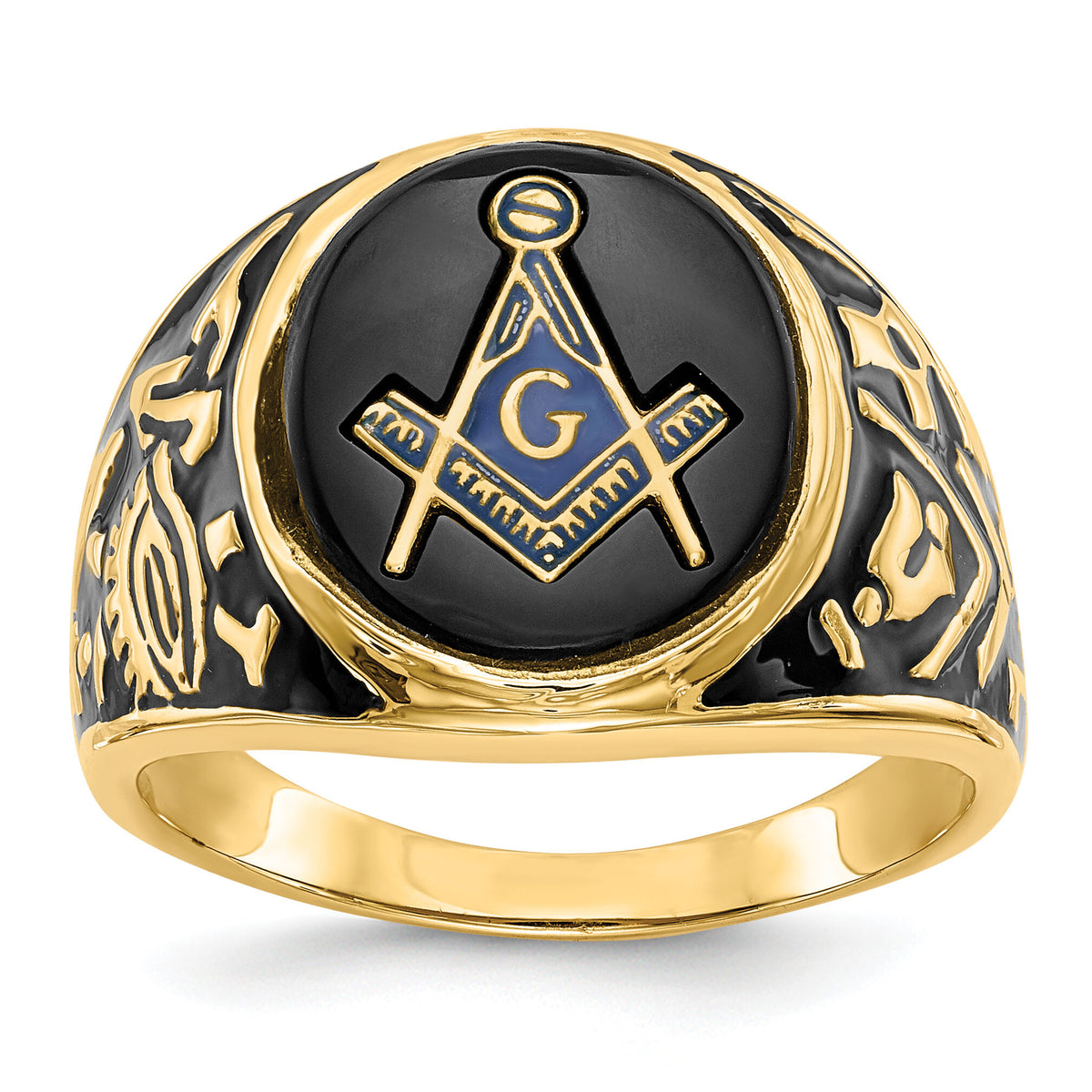 14k Men's Polished & Textured w/ Epoxy & Onyx Masonic Ring-Y4070M