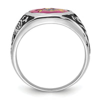 14kw Men's Antiqued & Textured w/ Lab Cr. Ruby Masonic Ring-Y4071M
