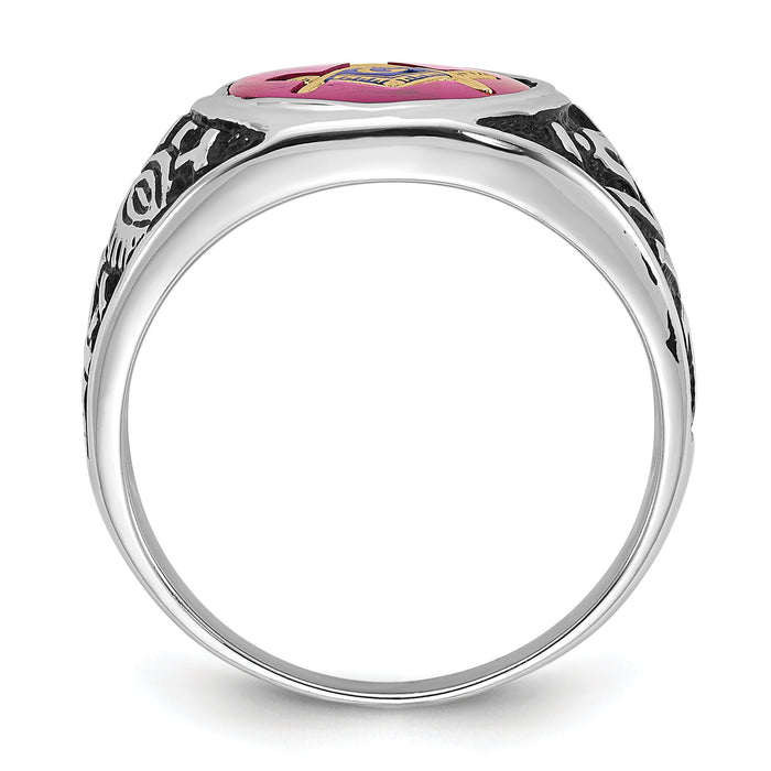 14kw Men's Antiqued & Textured w/ Lab Cr. Ruby Masonic Ring-Y4071M