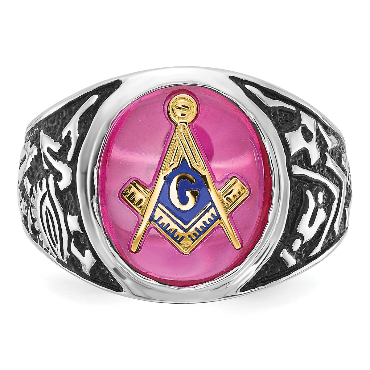 14kw Men's Antiqued & Textured w/ Lab Cr. Ruby Masonic Ring-Y4071M