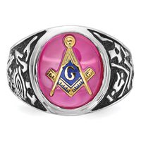 14kw Men's Antiqued & Textured w/ Lab Cr. Ruby Masonic Ring-Y4071M