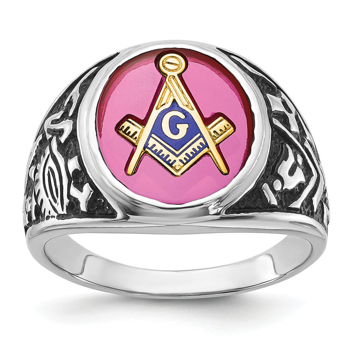 14kw Men's Antiqued & Textured w/ Lab Cr. Ruby Masonic Ring-Y4071M