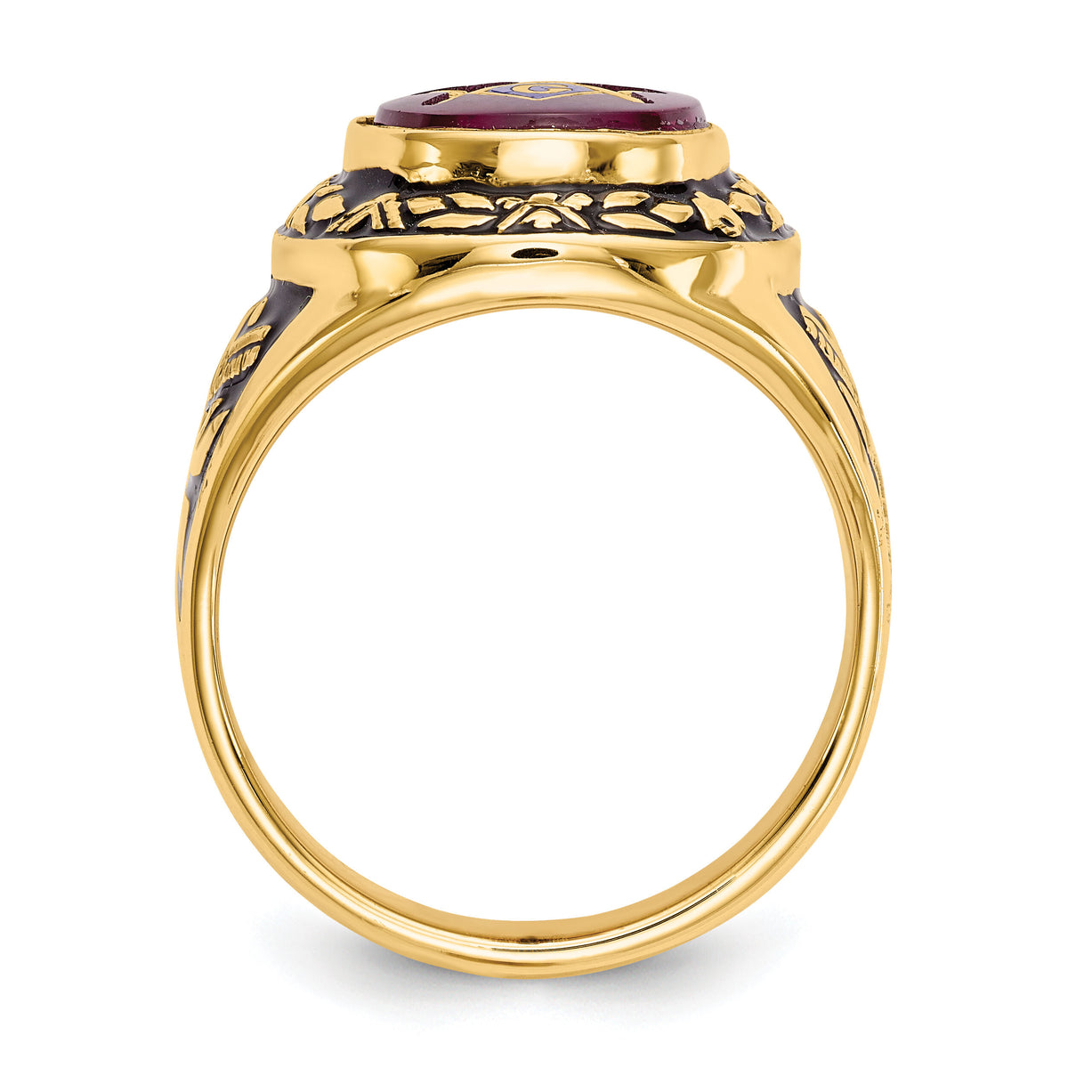 14k Men's Antiqued & Textured w/ Lab Cr. Ruby Masonic Ring-Y4072M