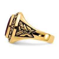 14k Men's Antiqued & Textured w/ Lab Cr. Ruby Masonic Ring-Y4072M