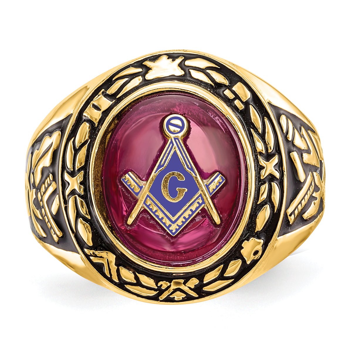 14k Men's Antiqued & Textured w/ Lab Cr. Ruby Masonic Ring-Y4072M