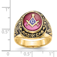 14k Men's Antiqued & Textured w/ Lab Cr. Ruby Masonic Ring-Y4072M