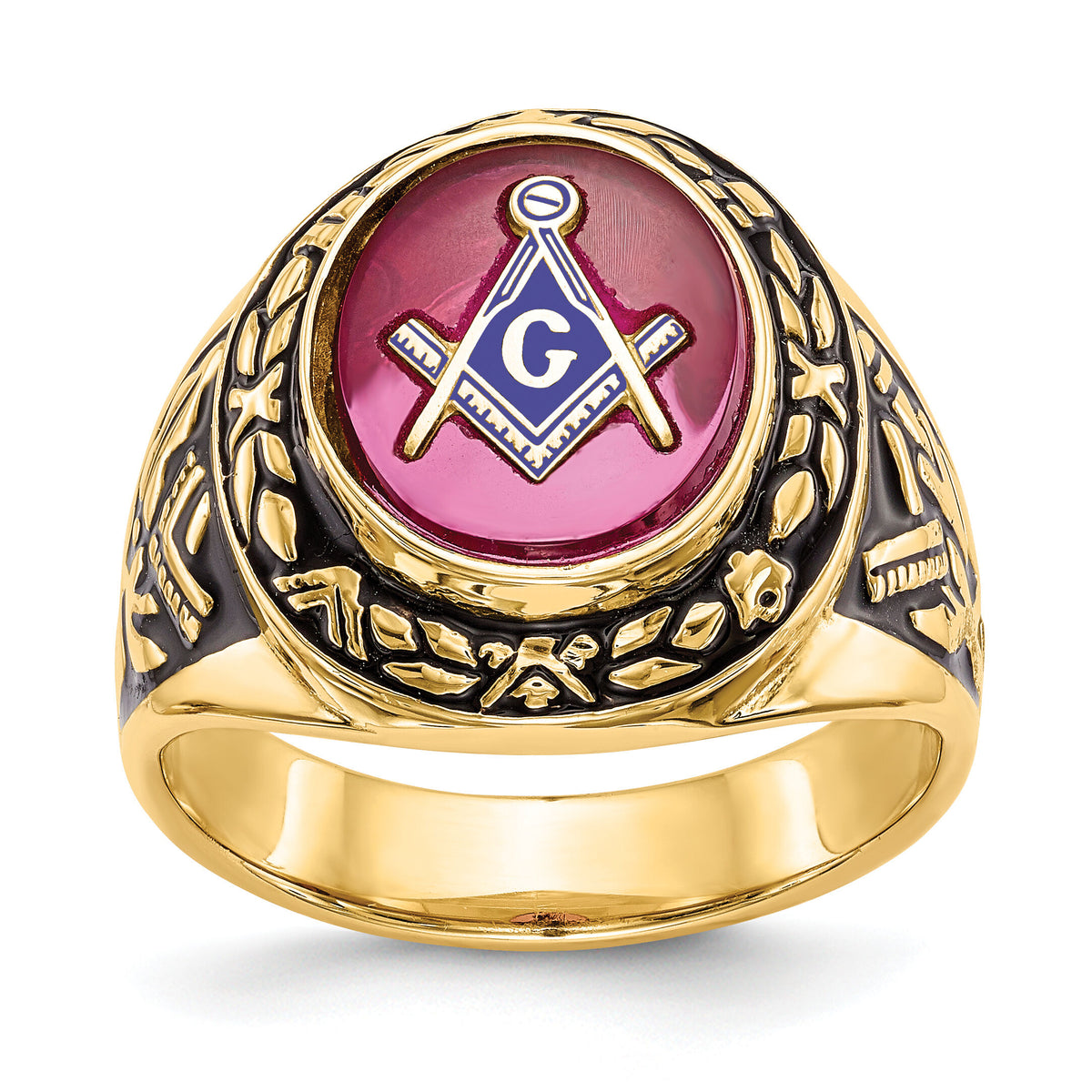 14k Men's Antiqued & Textured w/ Lab Cr. Ruby Masonic Ring-Y4072M
