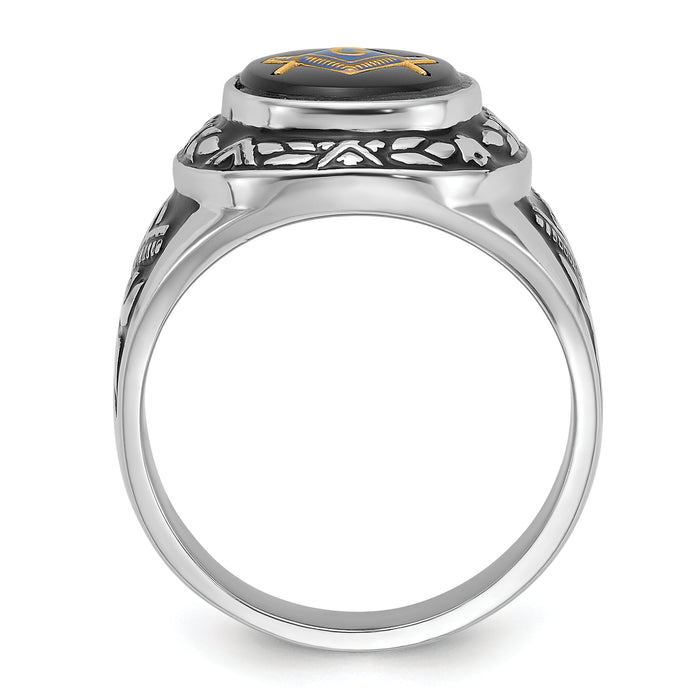 14kw Men's Polished, Antiqued & Textured w/ Onyx Masonic Ring-Y4073M