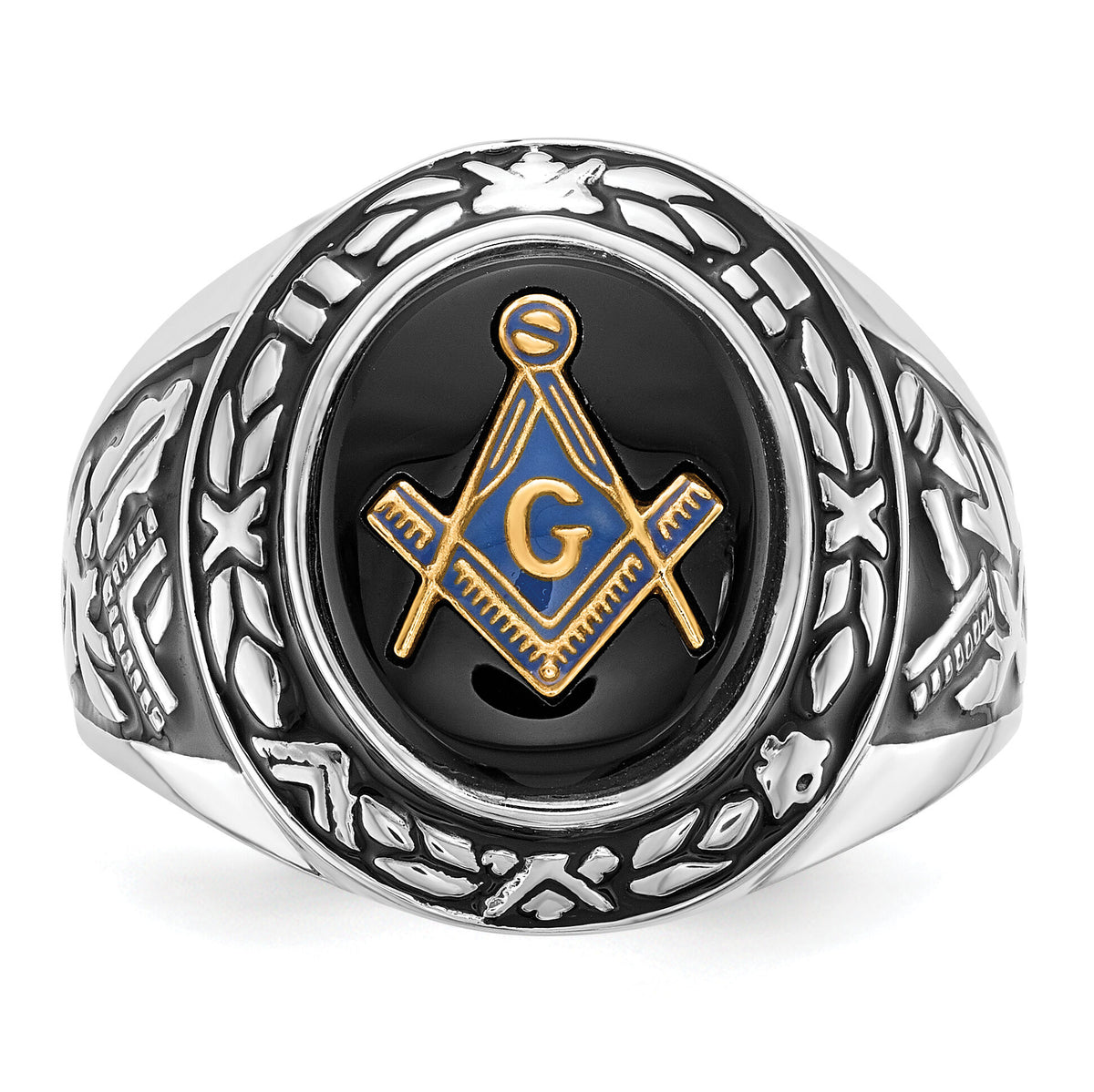 14kw Men's Polished, Antiqued & Textured w/ Onyx Masonic Ring-Y4073M