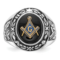 14kw Men's Polished, Antiqued & Textured w/ Onyx Masonic Ring-Y4073M