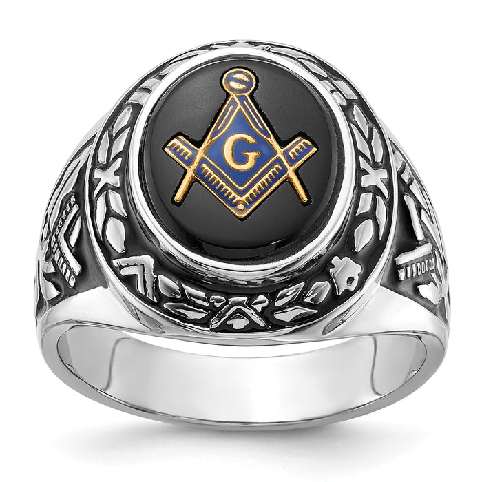 14kw Men's Polished, Antiqued & Textured w/ Onyx Masonic Ring-Y4073M