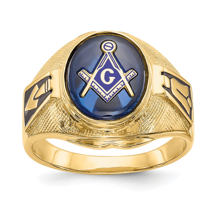 14k Men's Antiqued & Textured w/ Syn. Blue Spinel Masonic Ring-Y4075M