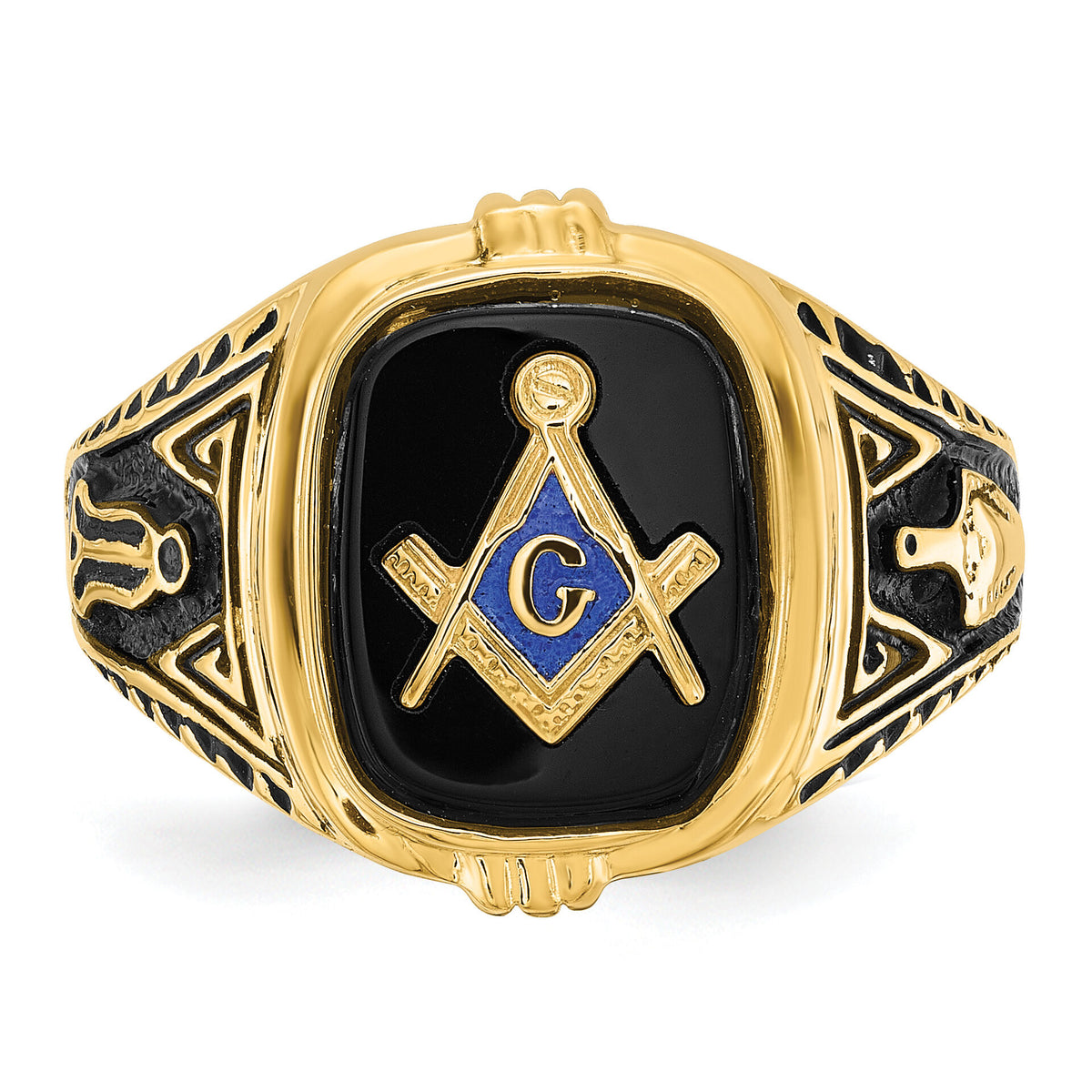 14k Men's Polished, Antiqued and Textured with Onyx Masonic Ring-Y4078M