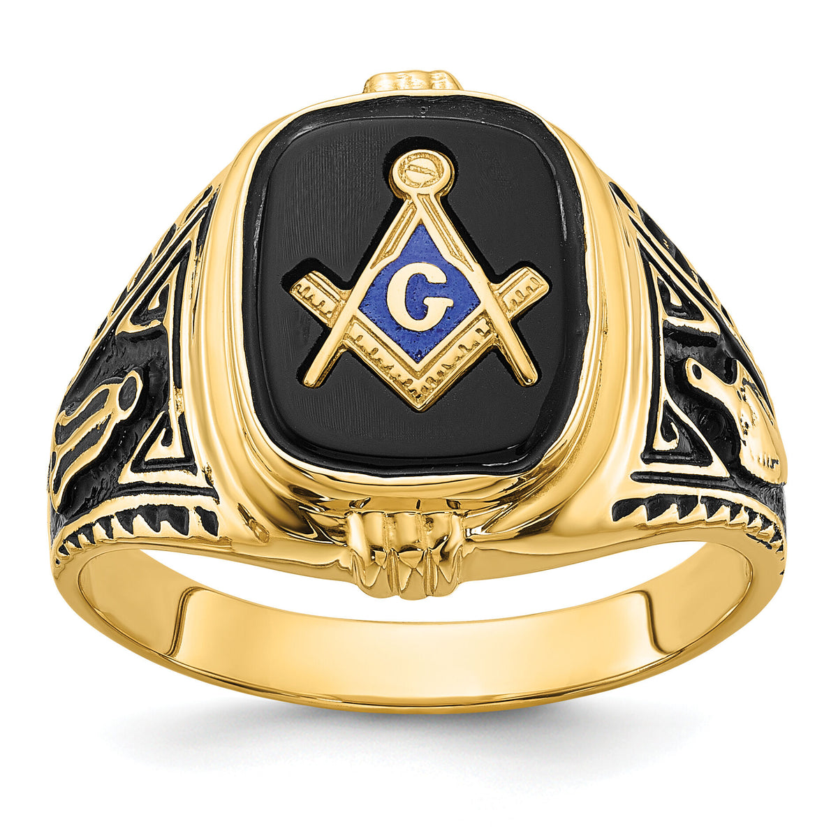 14k Men's Polished, Antiqued and Textured with Onyx Masonic Ring-Y4078M
