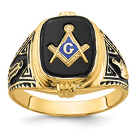 14k Men's Polished, Antiqued and Textured with Onyx Masonic Ring-Y4078M