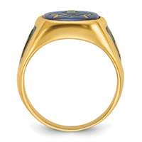 14k Men's Textured w/ Black Enamel & Imit. Blue Spinel Masonic Ring-Y4080M
