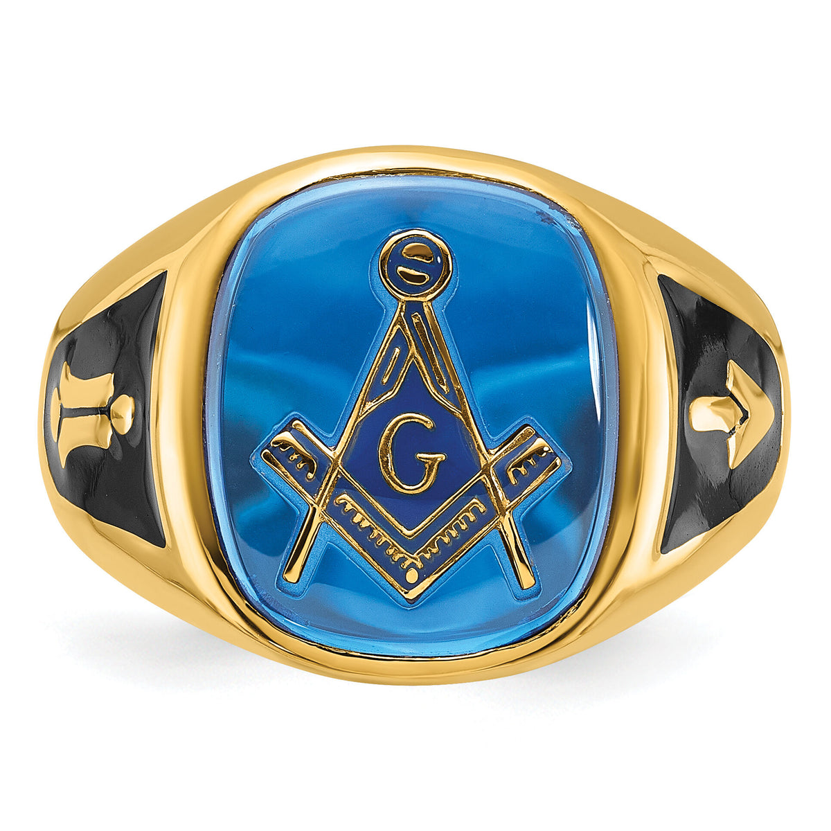 14k Men's Textured w/ Black Enamel & Imit. Blue Spinel Masonic Ring-Y4080M