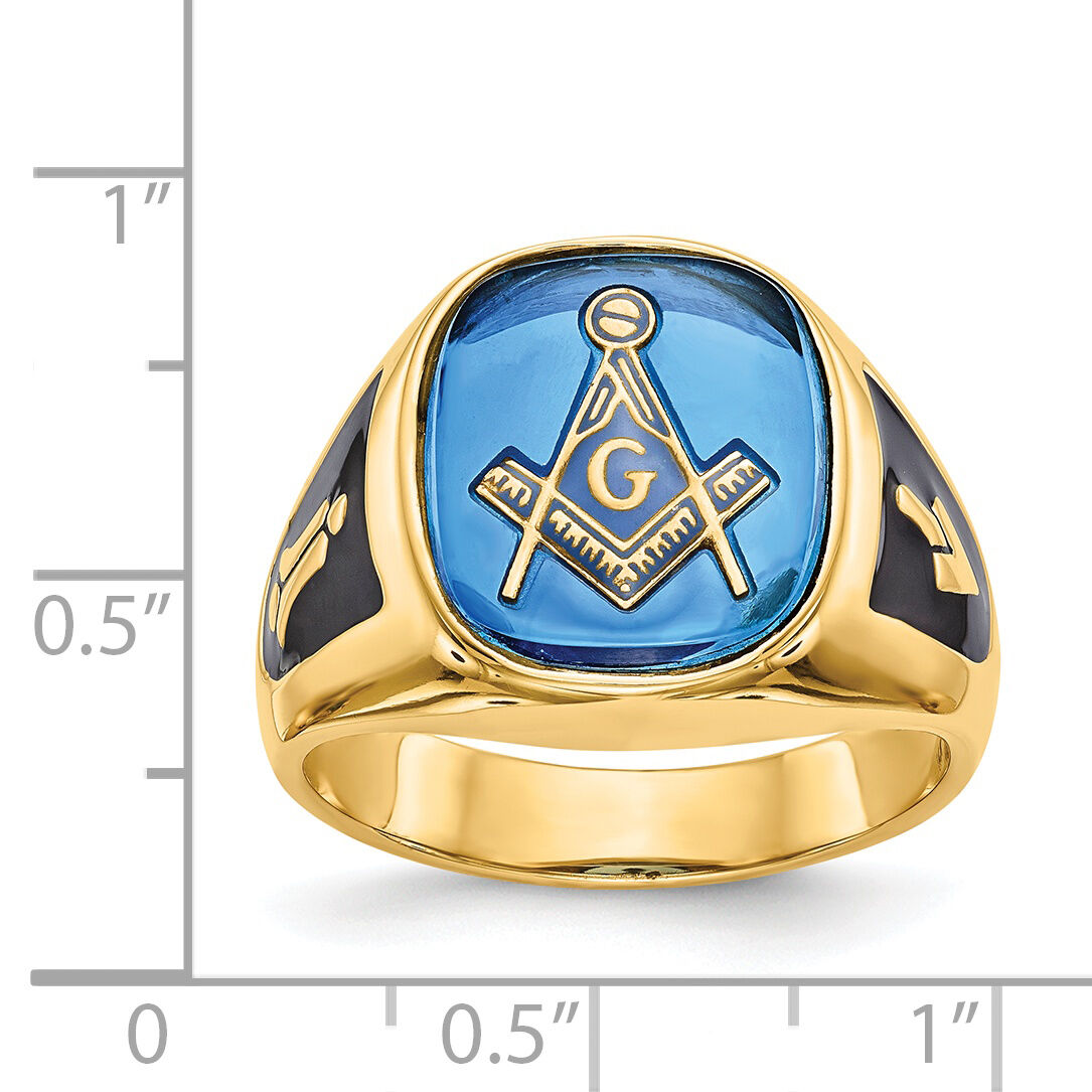14k Men's Textured w/ Black Enamel & Imit. Blue Spinel Masonic Ring-Y4080M