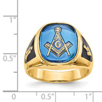 14k Men's Textured w/ Black Enamel & Imit. Blue Spinel Masonic Ring-Y4080M