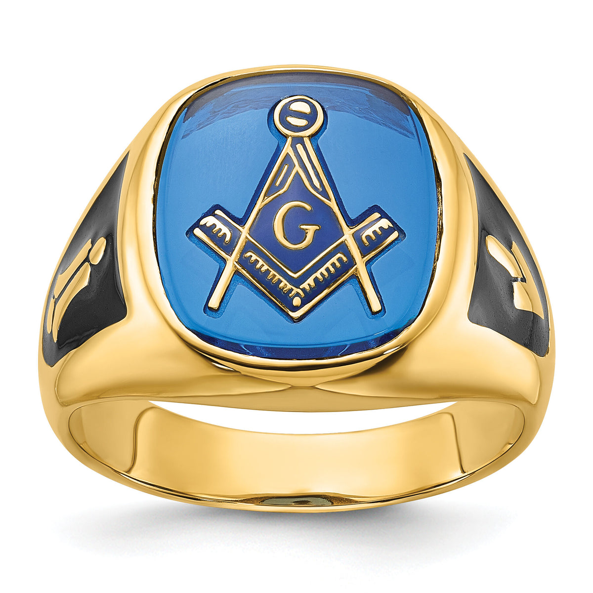 14k Men's Textured w/ Black Enamel & Imit. Blue Spinel Masonic Ring-Y4080M