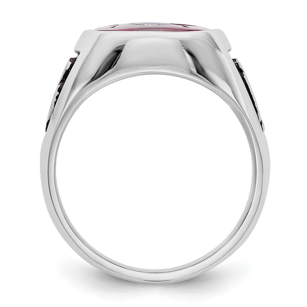 14kw Men's Textured w/ Black Enamel & Lab Cr. Ruby Masonic Ring-Y4081M