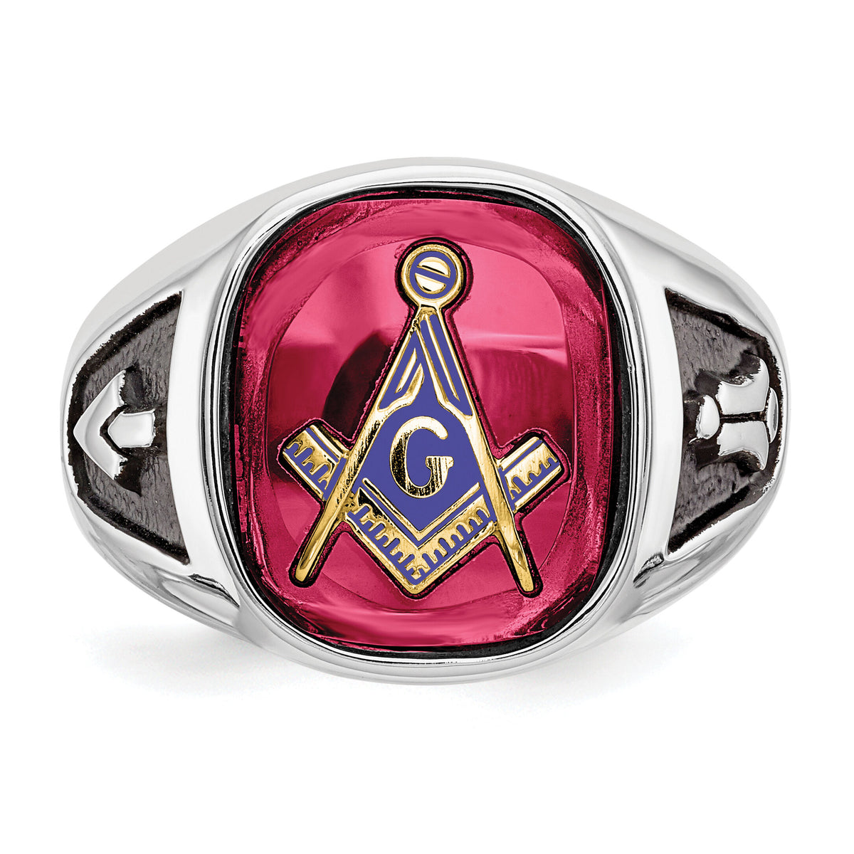 14kw Men's Textured w/ Black Enamel & Lab Cr. Ruby Masonic Ring-Y4081M