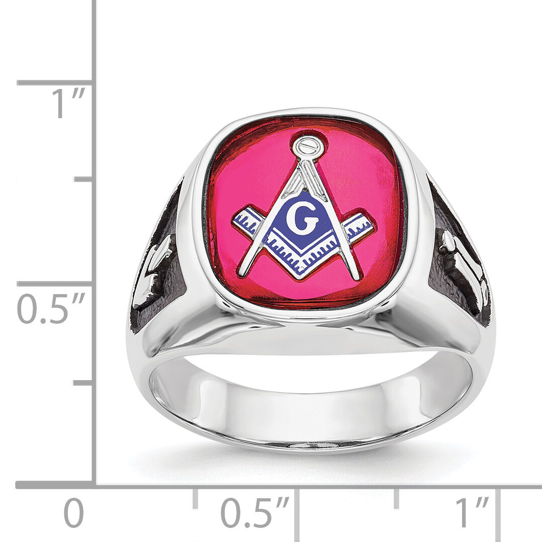 14kw Men's Textured w/ Black Enamel & Lab Cr. Ruby Masonic Ring-Y4081M