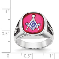 14kw Men's Textured w/ Black Enamel & Lab Cr. Ruby Masonic Ring-Y4081M