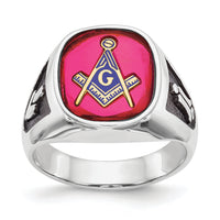14kw Men's Textured w/ Black Enamel & Lab Cr. Ruby Masonic Ring-Y4081M