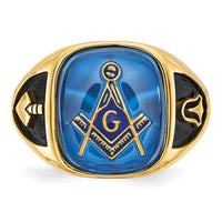 14k Men's Antiqued & Textured w/ Imit. Blue Spinel Masonic Ring-Y4084M