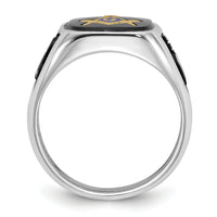 14kw & Gold-plated Men's Textured w/ Black Enamel & Onyx Masonic Ring-Y4085M