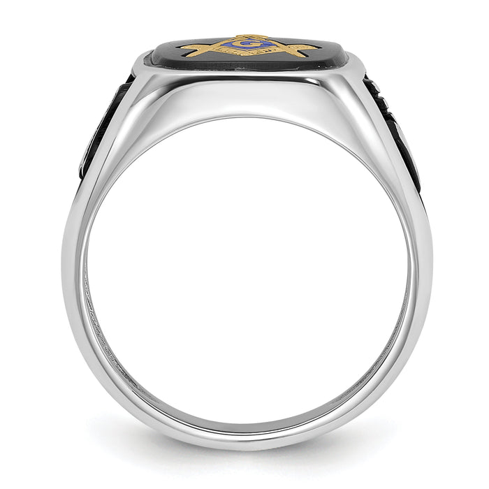 14kw & Gold-plated Men's Textured w/ Black Enamel & Onyx Masonic Ring-Y4085M