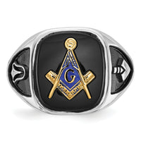 14kw & Gold-plated Men's Textured w/ Black Enamel & Onyx Masonic Ring-Y4085M