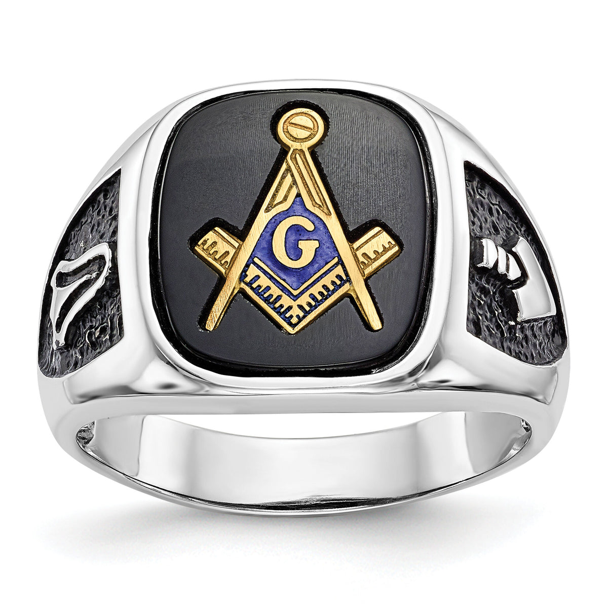 14kw & Gold-plated Men's Textured w/ Black Enamel & Onyx Masonic Ring-Y4085M