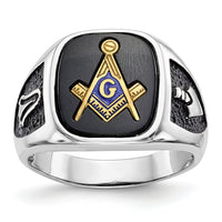 14kw & Gold-plated Men's Textured w/ Black Enamel & Onyx Masonic Ring-Y4085M