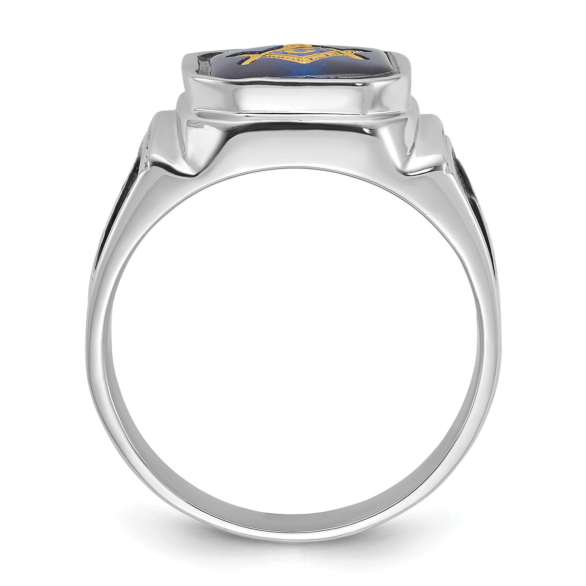 14kw Men's Textured w/ Black Enamel & Imit. Blue Spinel Masonic Ring-Y4087M