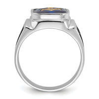 14kw Men's Textured w/ Black Enamel & Imit. Blue Spinel Masonic Ring-Y4087M