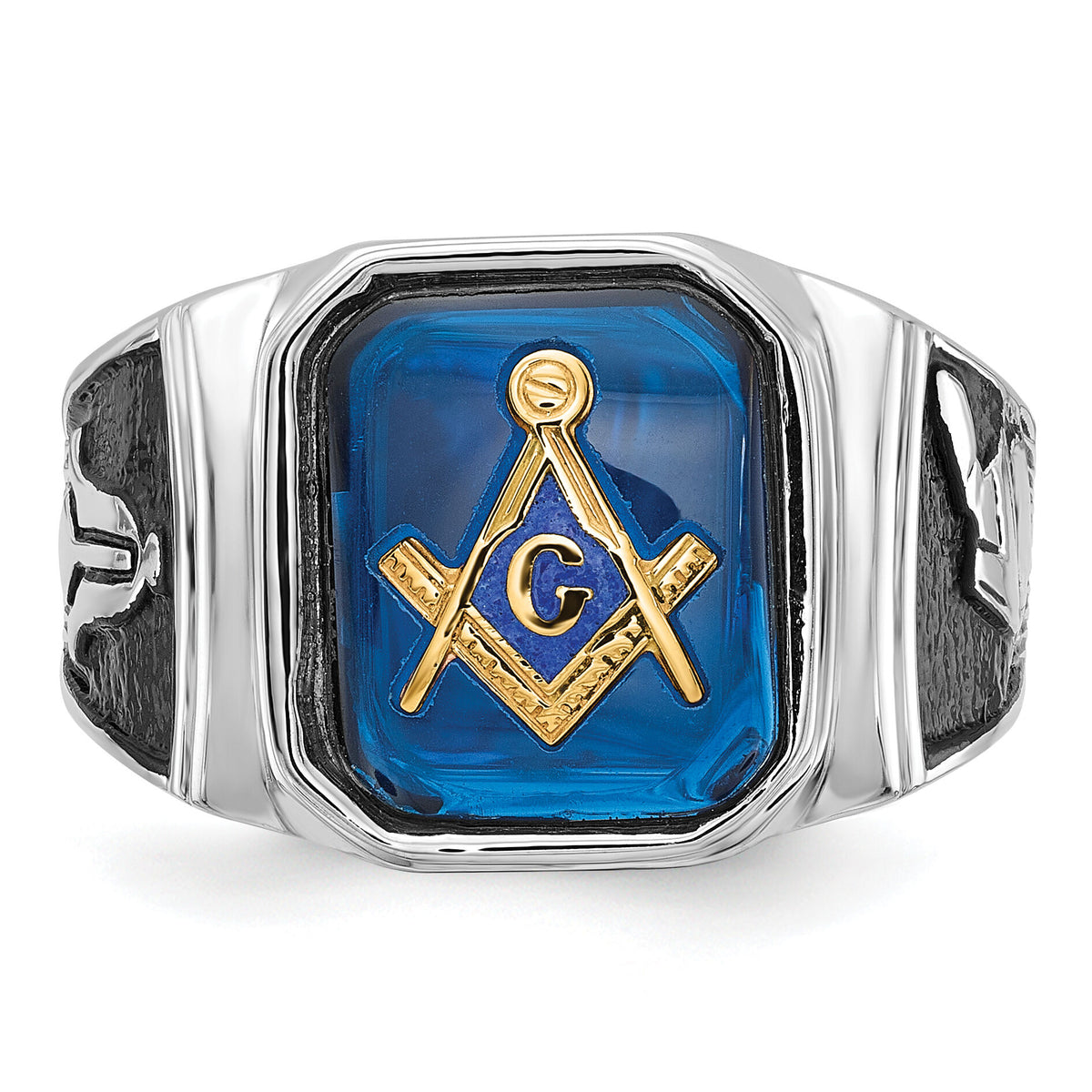 14kw Men's Textured w/ Black Enamel & Imit. Blue Spinel Masonic Ring-Y4087M