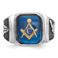14kw Men's Textured w/ Black Enamel & Imit. Blue Spinel Masonic Ring-Y4087M