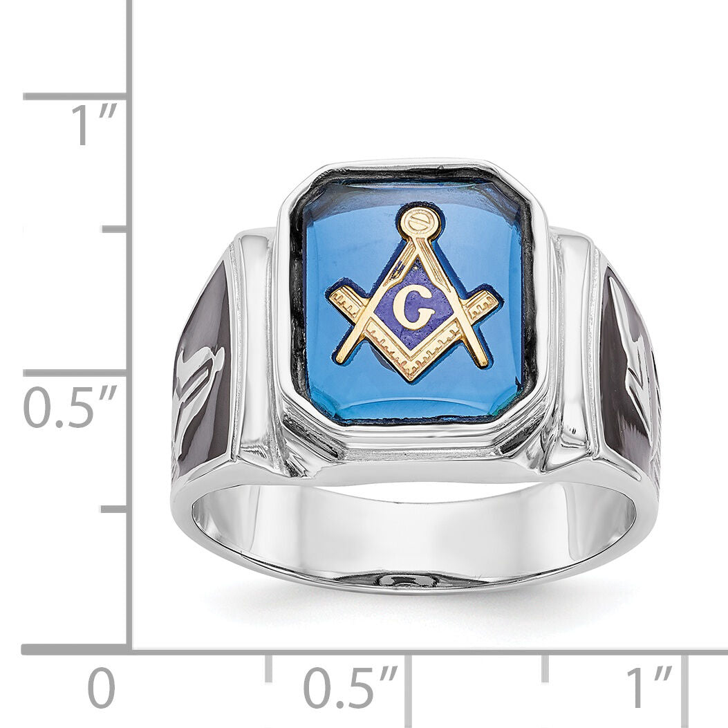 14kw Men's Textured w/ Black Enamel & Imit. Blue Spinel Masonic Ring-Y4087M