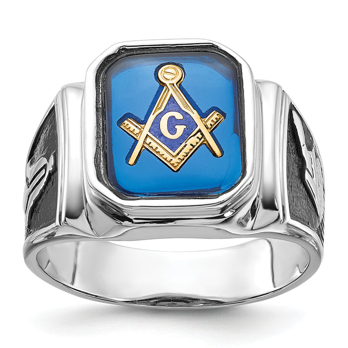 14kw Men's Textured w/ Black Enamel & Imit. Blue Spinel Masonic Ring-Y4087M