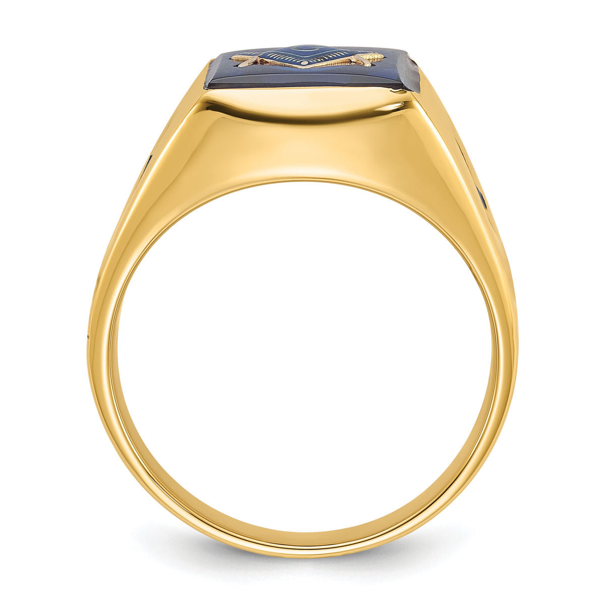 14k Men's Grooved w/ Black Enamel & Imit. Blue Spinel Masonic Ring-Y4090M