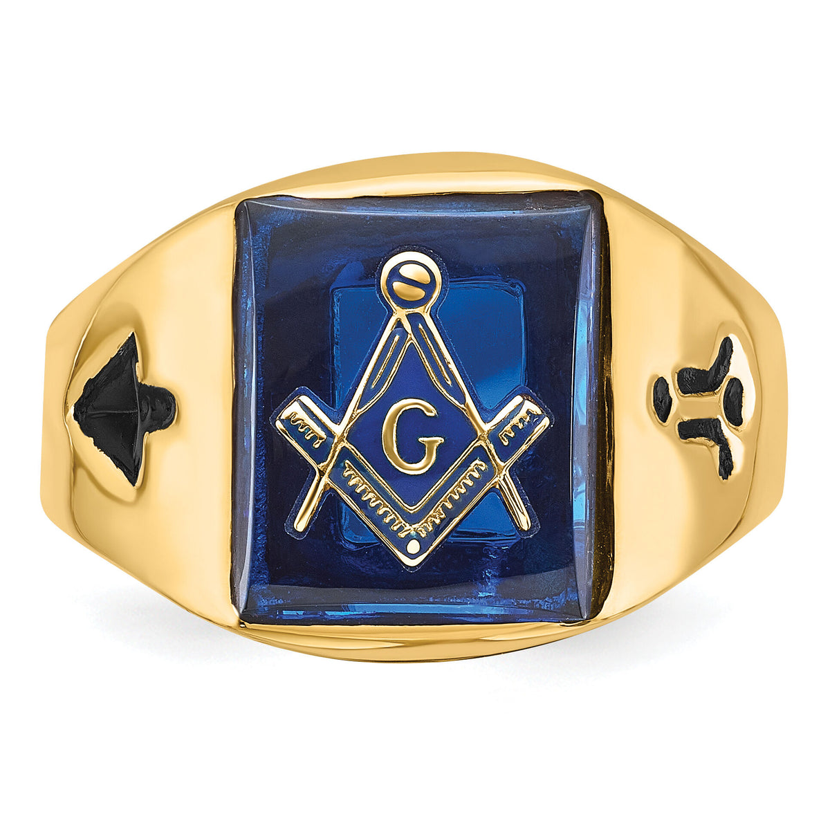 14k Men's Grooved w/ Black Enamel & Imit. Blue Spinel Masonic Ring-Y4090M