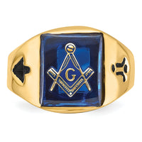 14k Men's Grooved w/ Black Enamel & Imit. Blue Spinel Masonic Ring-Y4090M