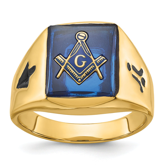 14k Men's Grooved w/ Black Enamel & Imit. Blue Spinel Masonic Ring-Y4090M