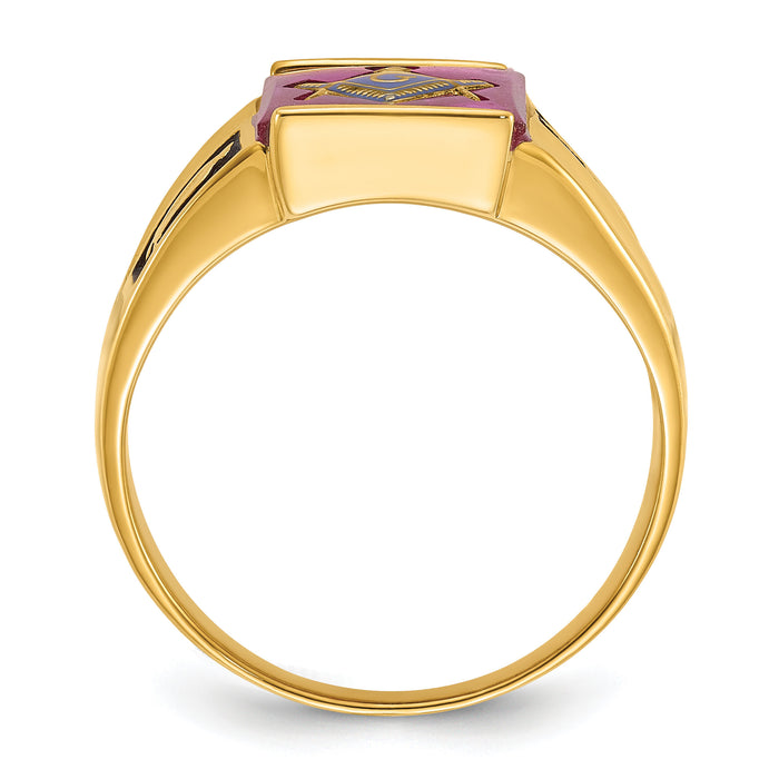 14k Men's Textured w/ Black Enamel & Lab Cr. Ruby Masonic Ring-Y4092M