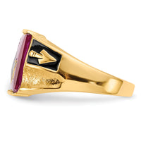 14k Men's Textured w/ Black Enamel & Lab Cr. Ruby Masonic Ring-Y4092M