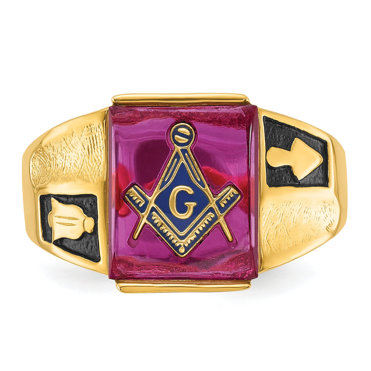 14k Men's Textured w/ Black Enamel & Lab Cr. Ruby Masonic Ring-Y4092M