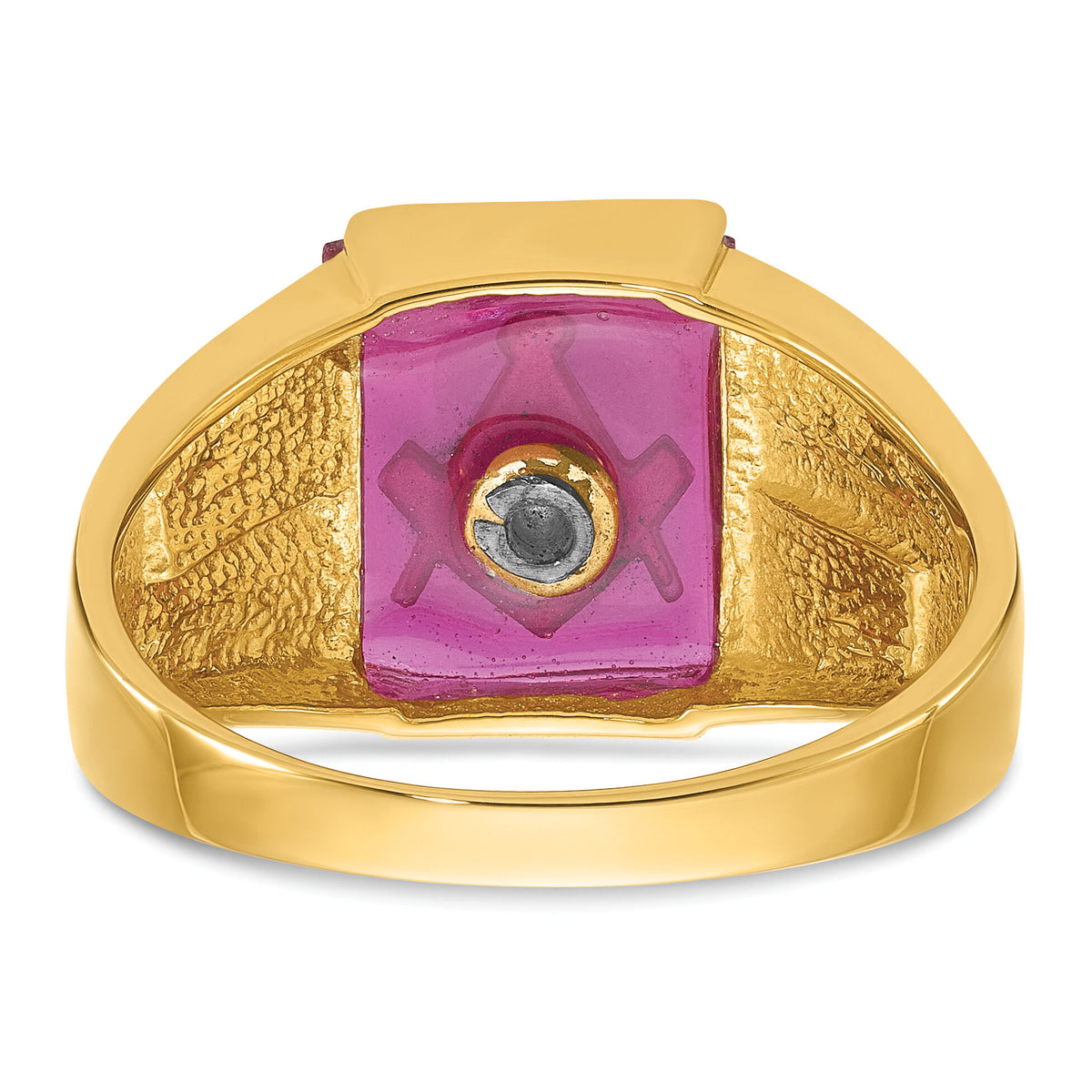 14k Men's Textured w/ Black Enamel & Lab Cr. Ruby Masonic Ring-Y4092M