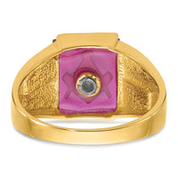 14k Men's Textured w/ Black Enamel & Lab Cr. Ruby Masonic Ring-Y4092M